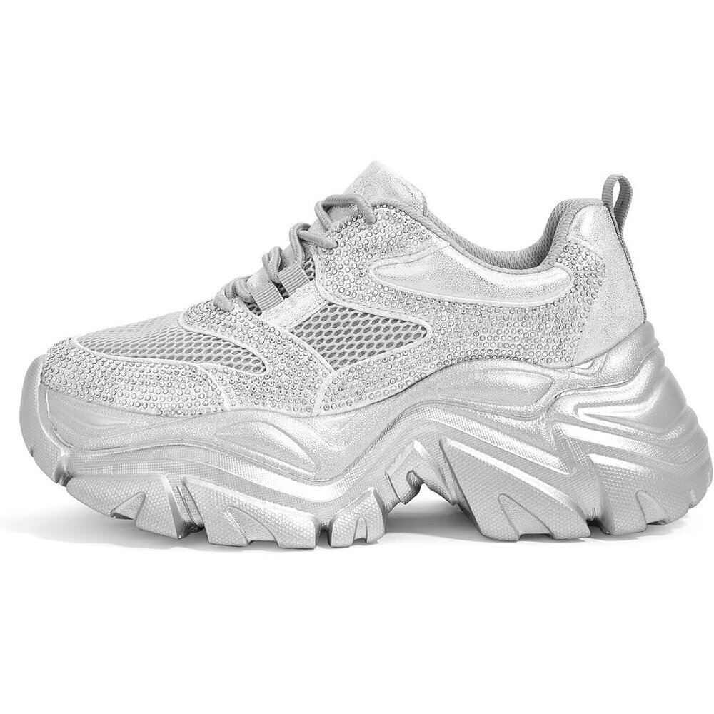 Women Leather Silver Rhinestone Comfortable Wedge Walking Sport Sneakers Shoes